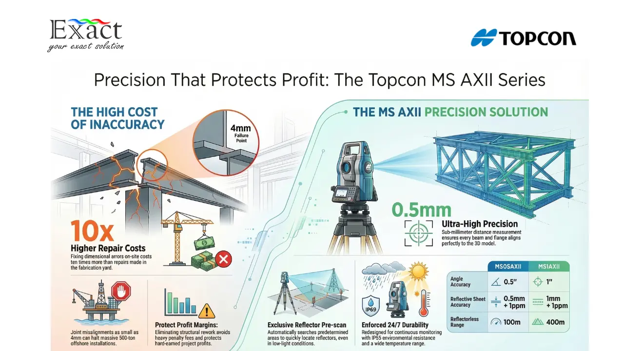 Infografis Topcon MS AXII Series dari Exact Global: Menyoroti risiko kerugian rework 10x lipat akibat inakurasi 4mm pada fabrikasi baja offshore, dan solusi presisi 0.5mm dari Total Station Topcon untuk Dimensional Control.