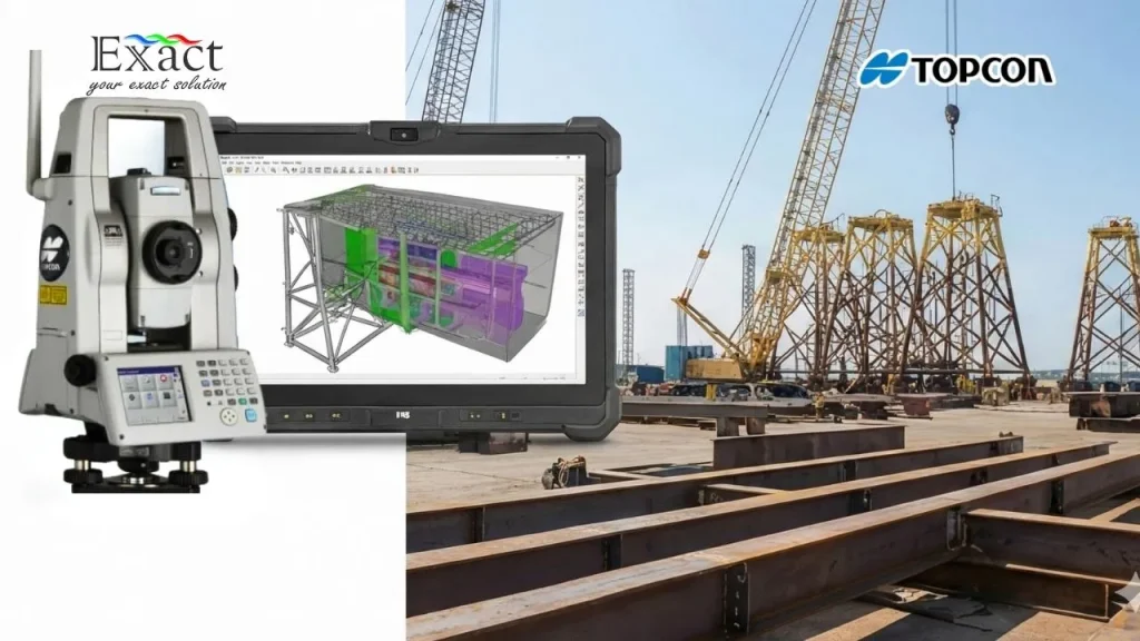 Topcon MS AXII untuk Dimensional Control Survey dan integrasi model 3D CAD di area fabrikasi struktur baja offshore.