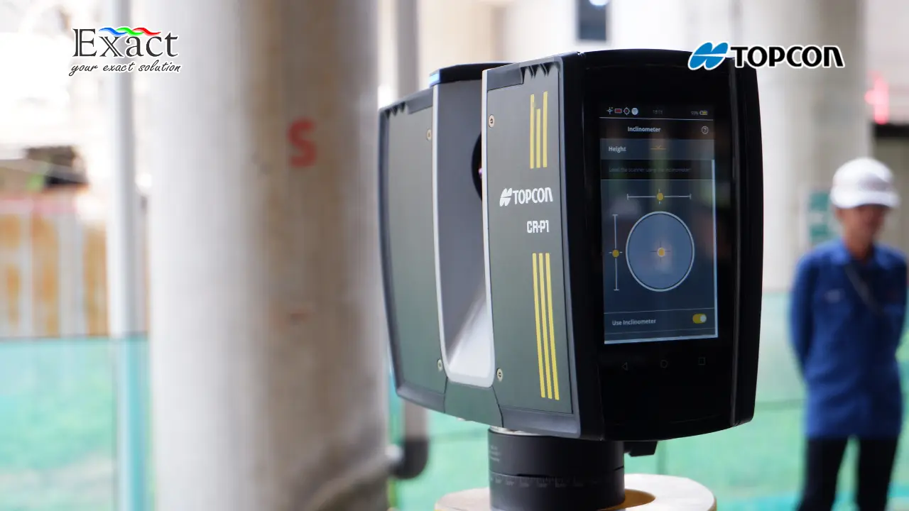 Foto alat 3D laser scanner Topcon CR-P1 untuk pemindaian presisi tinggi pada proyek konstruksi